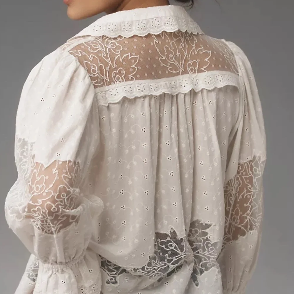 Anthropologie White Eyelet Lace Button-Front Blouse